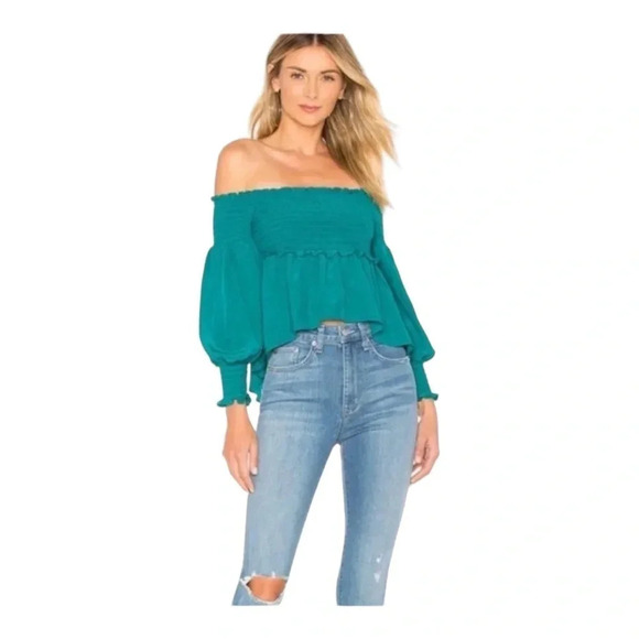 X Revolve Off The Shoulder Blouse in Emerald - For Love and Lemons - Picture 6 of 8